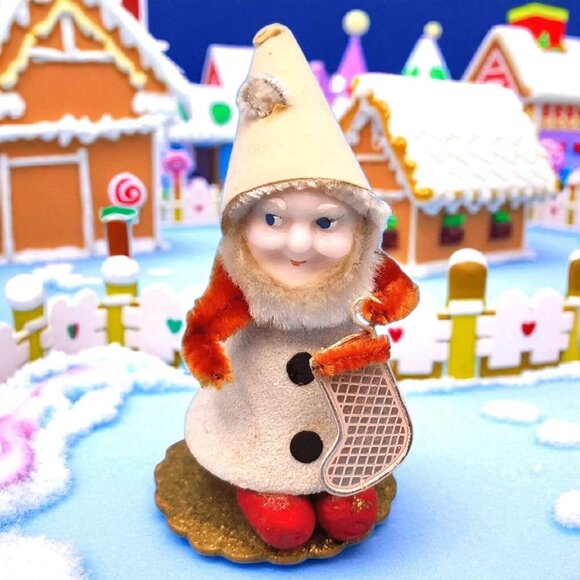 Vintage 1950s Putz Elf Ornament Red Chenille Foil Stocking Mica Accents Japan - Picture 1 of 9